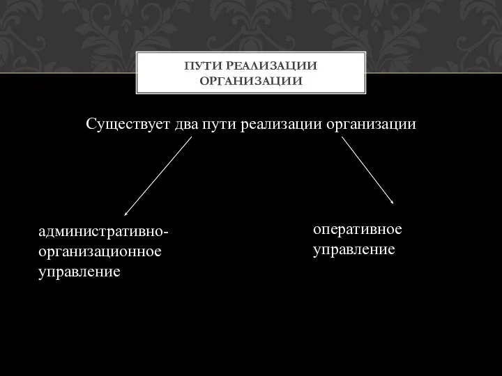 Существует два пути реализации организации ПУТИ РЕАЛИЗАЦИИ ОРГАНИЗАЦИИ административно-организационное управление оперативное управление