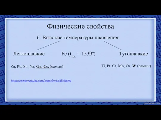 Физические свойства 6. Высокие температуры плавления Zn, Pb, Sn, Na, Ga, Сs,