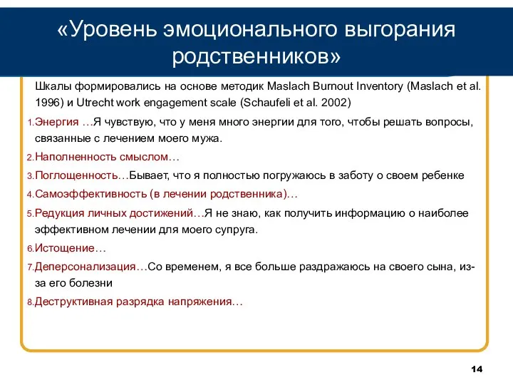 «Уровень эмоционального выгорания родственников» Шкалы формировались на основе методик Maslach Burnout Inventory