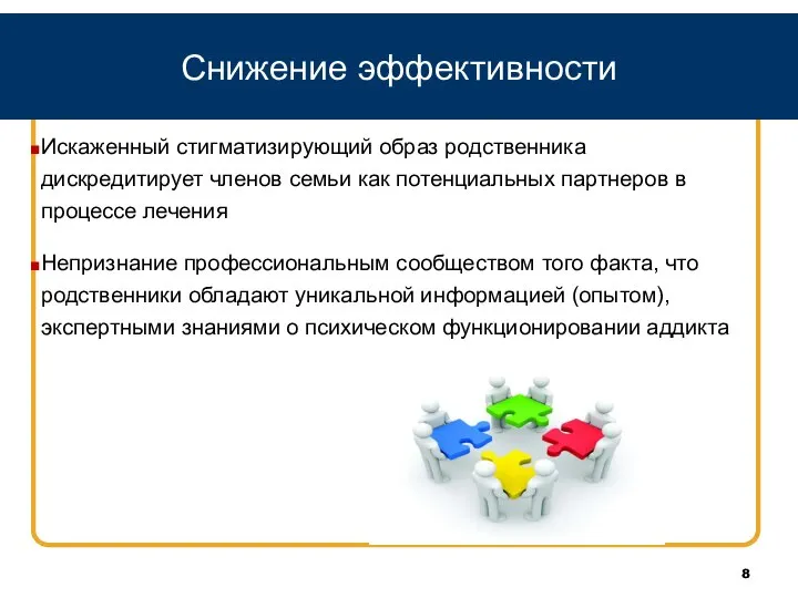 Снижение эффективности Искаженный стигматизирующий образ родственника дискредитирует членов семьи как потенциальных партнеров