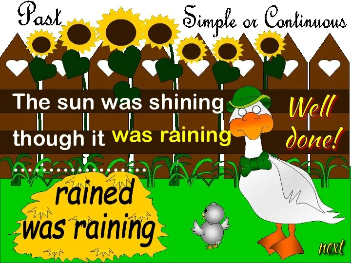 The sun was shining though it ………………. was raining was raining rained Well done! next