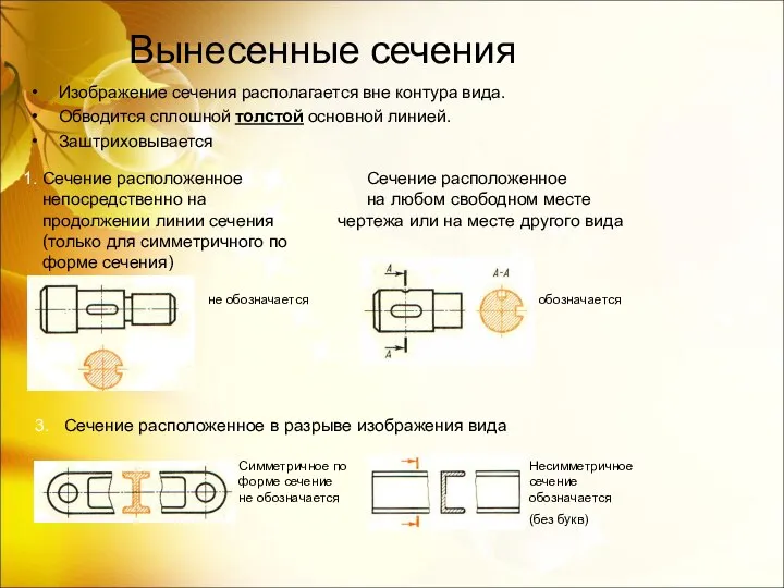 Вынесенные сечения Изображение сечения располагается вне контура вида. Обводится сплошной толстой основной