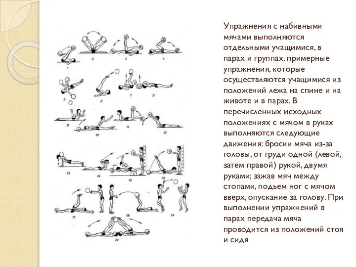 Упражнения с набивными мячами выполняются отдельными учащимися, в парах и группах. примерные