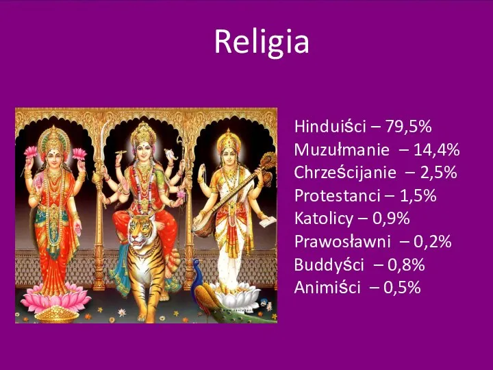Religia Hinduiści – 79,5% Muzułmanie – 14,4% Chrześcijanie – 2,5% Protestanci –