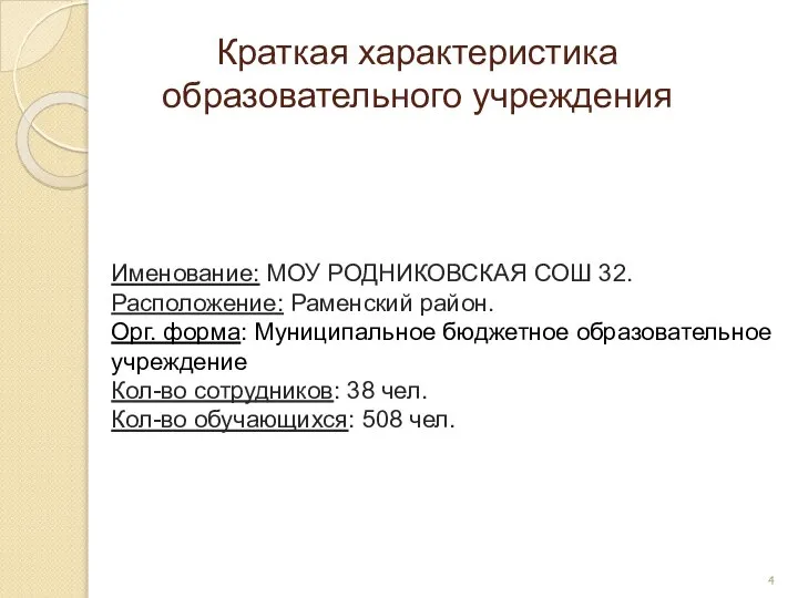 Краткая характеристика образовательного учреждения Именование: МОУ РОДНИКОВСКАЯ СОШ 32. Расположение: Раменский район.