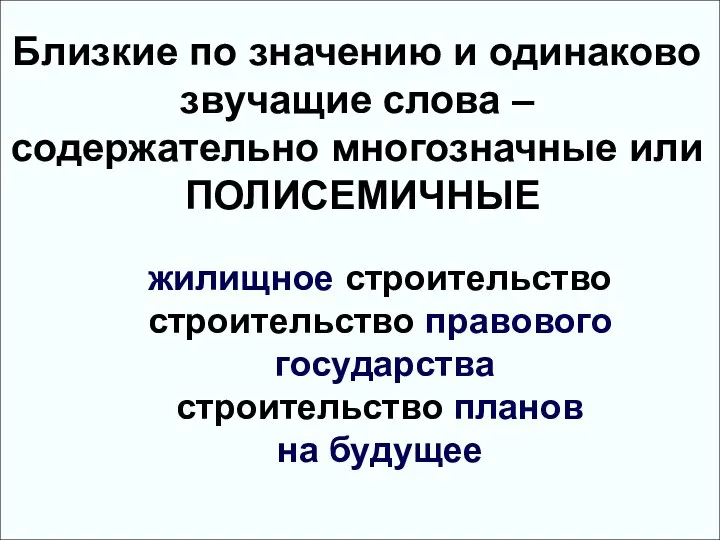 Близкие по значению и одинаково звучащие слова – содержательно многозначные или ПОЛИСЕМИЧНЫЕ