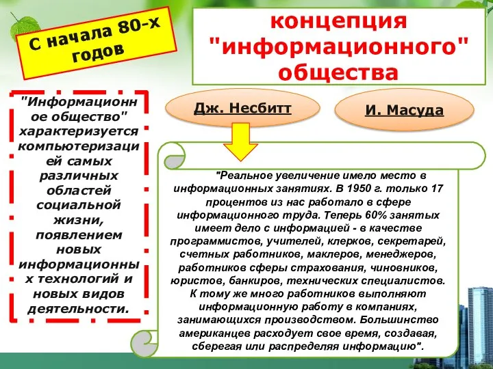 концепция "информационного" общества С начала 80-х годов Дж. Несбитт И. Масуда "Информационное