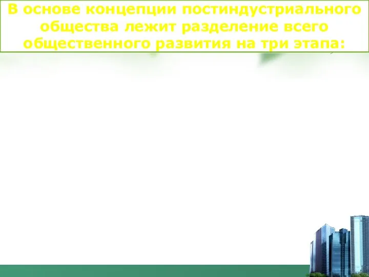 В основе концепции постиндустриального общества лежит разделение всего общественного развития на три этапа: