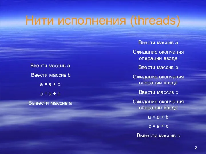 Нити исполнения (threads) Ввести массив a Ввести массив b a = a