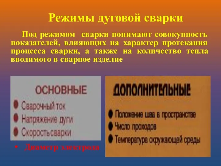 Под режимом сварки понимают совокупность показателей, влияющих на характер протекания процесса сварки,