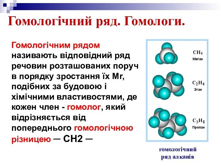 Гомологічний ряд. Гомологи. Гомологічним рядом називають відповідний ряд речовин розташованих поруч в