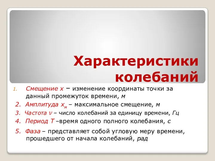 Характеристики колебаний Смещение х – изменение координаты точки за данный промежуток времени,