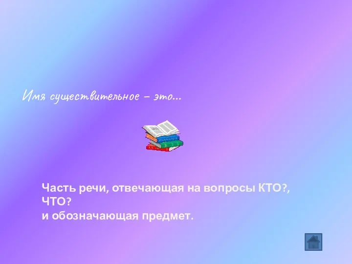 Имя существительное – это… Часть речи, отвечающая на вопросы КТО?, ЧТО? и обозначающая предмет.