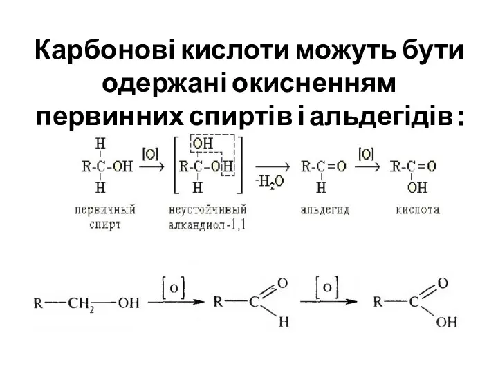 Карбонові кислоти можуть бути одержані окисненням первинних спиртів і альдегідів :