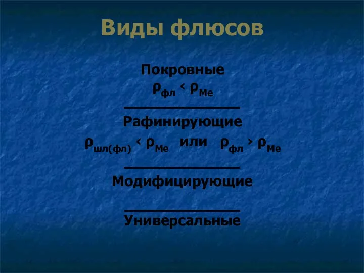 Виды флюсов Покровные ρфл ‹ ρMe Рафинирующие ρшл(фл) ‹ ρMe или ρфл › ρMe Модифицирующие Универсальные