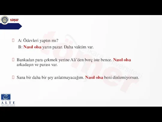 A: Ödevleri yaptın mı? B: Nasıl olsa yarın pazar. Daha vaktim var.