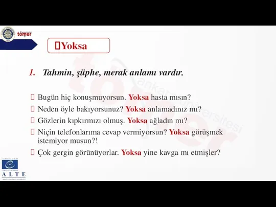 Tahmin, şüphe, merak anlamı vardır. Bugün hiç konuşmuyorsun. Yoksa hasta mısın? Neden