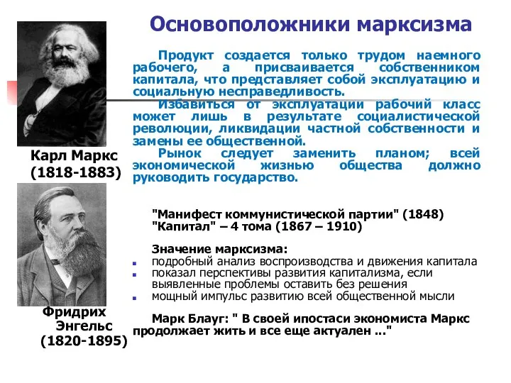 Основоположники марксизма Карл Маркс (1818-1883) Фридрих Энгельс (1820-1895) Продукт создается только трудом