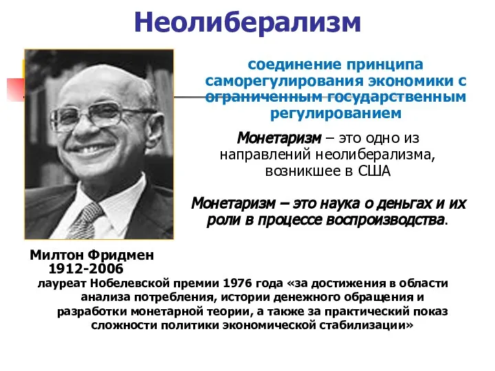 Неолиберализм Милтон Фридмен 1912-2006 лауреат Нобелевской премии 1976 года «за достижения в