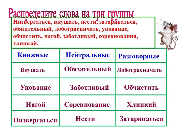 Распределите слова на три группы Книжные Нейтральные Разговорные Затариваться Нести Вкушать Лоботрясничать