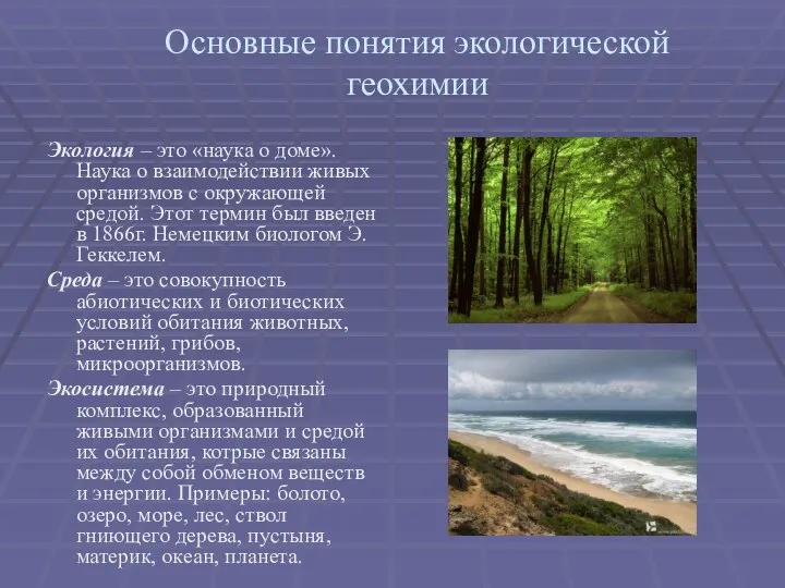 Основные понятия экологической геохимии Экология – это «наука о доме». Наука о