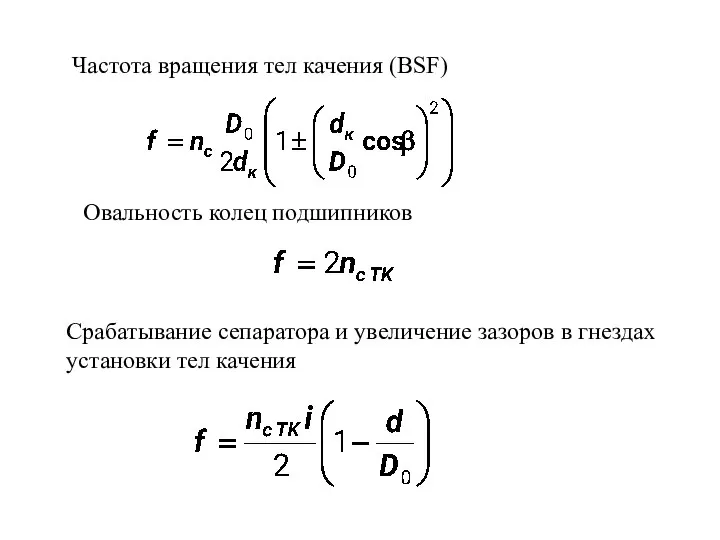 Частота вращения тел качения (BSF) Овальность колец подшипников Срабатывание сепаратора и увеличение