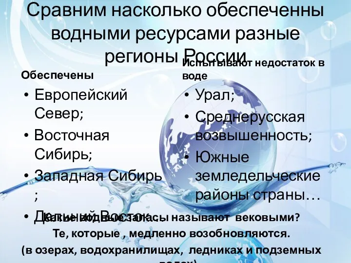 Сравним насколько обеспеченны водными ресурсами разные регионы России Обеспечены Европейский Север; Восточная