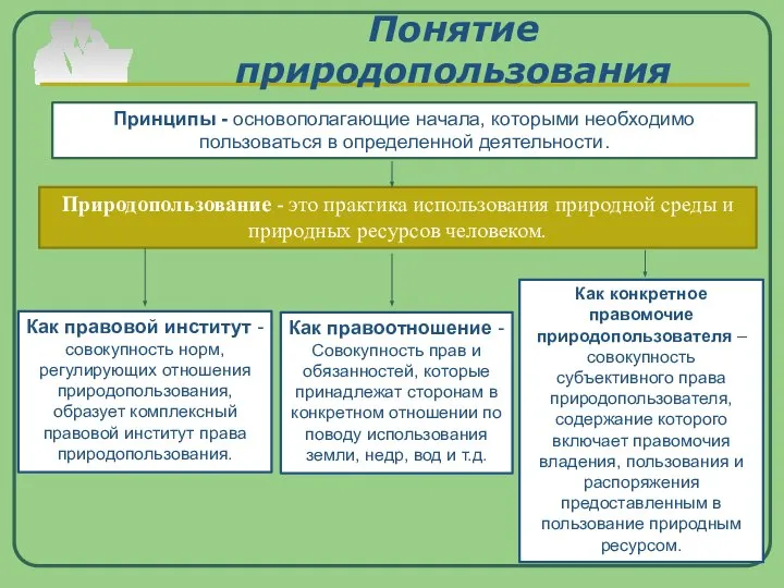 Понятие природопользования Принципы - основополагающие начала, которыми необходимо пользоваться в определенной деятельности.