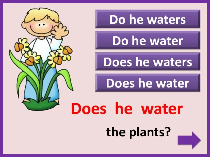 Do he waters Does he waters Does he water _____________________________________________ the plants?