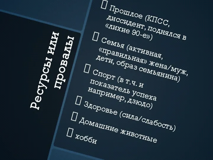 Ресурсы или провалы Прошлое (КПСС, диссидент, поднялся в «лихие 90-е») Семья (активная,