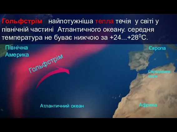 Північна Америка Атлантичний океан Гольфстрім Африка Середземне море Гольфстрім - найпотужніша тепла