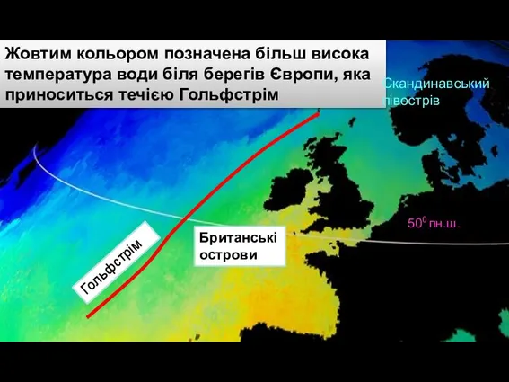 Жовтим кольором позначена більш висока температура води біля берегів Європи, яка приноситься