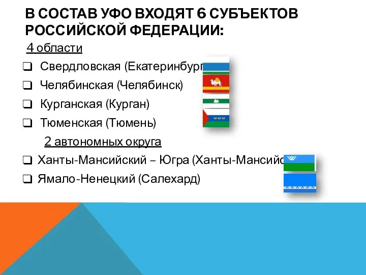 В СОСТАВ УФО ВХОДЯТ 6 СУБЪЕКТОВ РОССИЙСКОЙ ФЕДЕРАЦИИ: 4 области Свердловская (Екатеринбург)