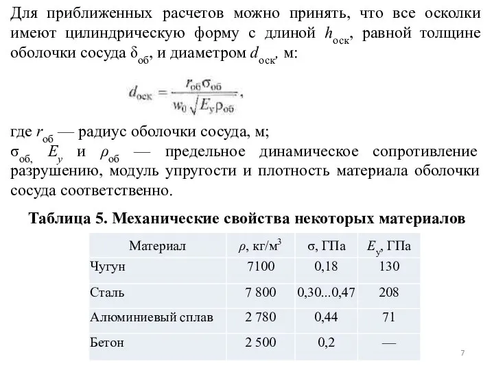 Для приближенных расчетов можно принять, что все осколки имеют цилиндрическую форму с