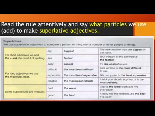 Read the rule attentively and say what particles we use (add) to make superlative adjectives.