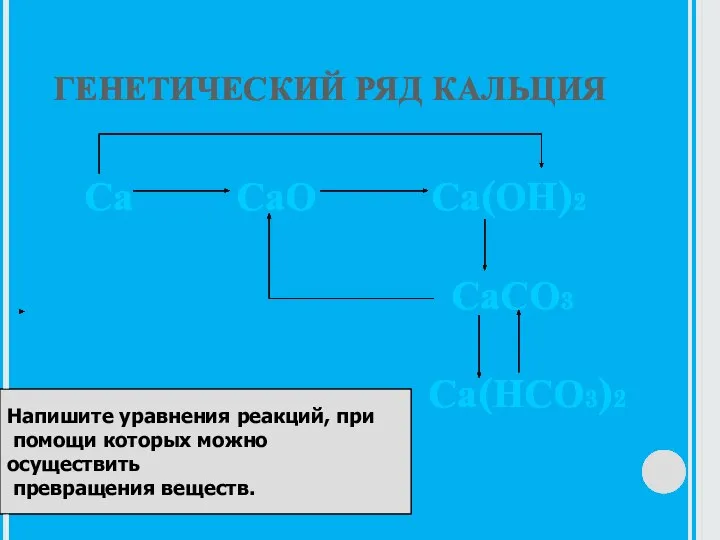 ГЕНЕТИЧЕСКИЙ РЯД КАЛЬЦИЯ Са СаО Са(ОН)2 СаСО3 Са(НСО3)2 Напишите уравнения реакций, при