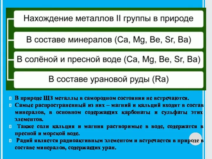 В природе ЩЗ металлы в самородном состоянии не встречаются. Самые распространенный из