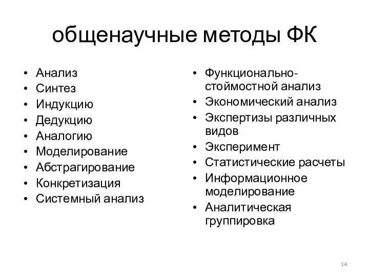 общенаучные методы ФК Анализ Синтез Индукцию Дедукцию Аналогию Моделирование Абстрагирование Конкретизация Системный