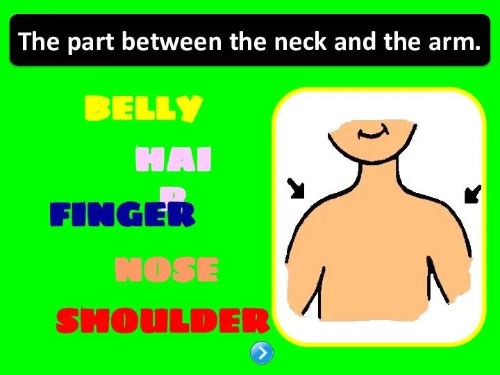 BELLY HAIR NOSE FINGER The part between the neck and the arm. SHOULDER