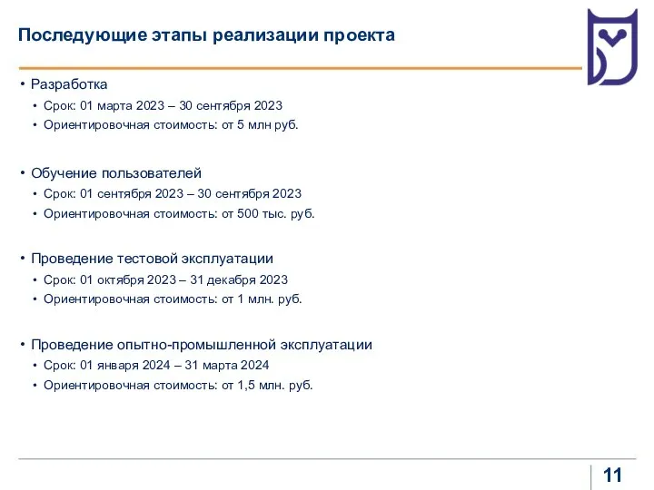 Последующие этапы реализации проекта Разработка Срок: 01 марта 2023 – 30 сентября