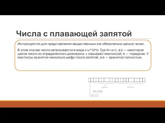 Числа с плавающей запятой Используются для представления вещественных (не обязательно целых) чисел.