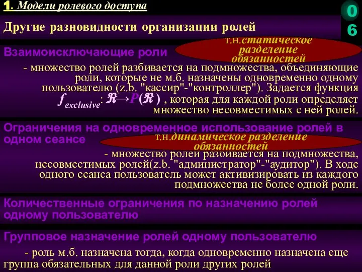 Другие разновидности организации ролей Взаимоисключающие роли - множество ролей разбивается на подмножества,