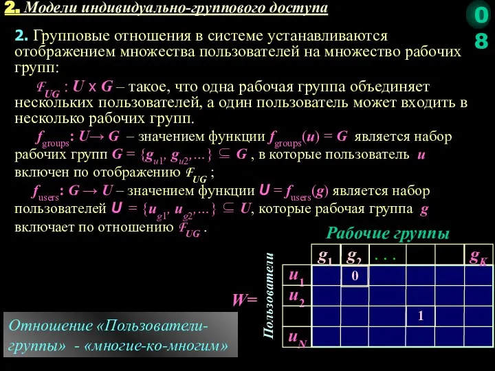 2. Модели индивидуально-группового доступа 2. Групповые отношения в системе устанавливаются отображением множества