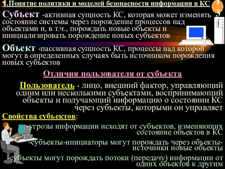 Отличия пользователя от субъекта Пользователь - лицо, внешний фактор, управляющий одним или