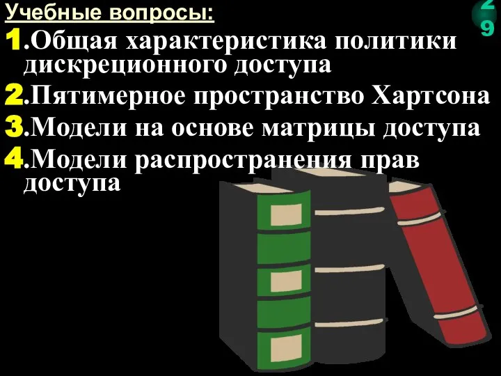 Учебные вопросы: 1.Общая характеристика политики дискреционного доступа 2.Пятимерное пространство Хартсона 3.Модели на