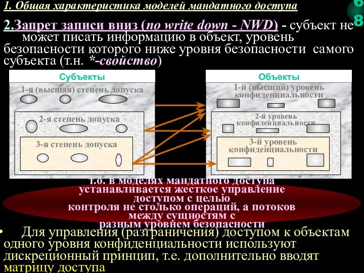 1. Общая характеристика моделей мандатного доступа 2.Запрет записи вниз (no write down