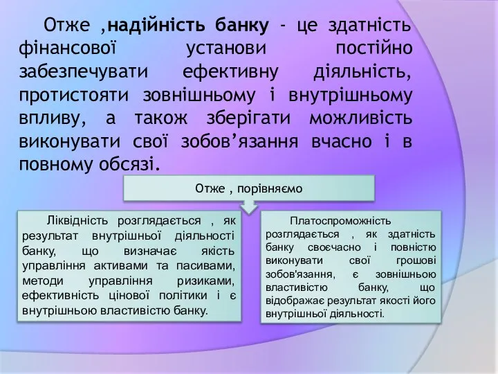 Отже ,надійність банку - це здатність фінансової установи постійно забезпечувати ефективну діяльність,