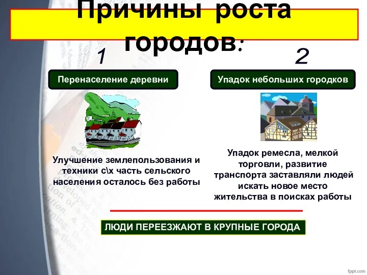 ПРИЧИНЫ РОСТА ГОРОДОВ Перенаселение деревни Упадок небольших городков 1 2 Улучшение землепользования