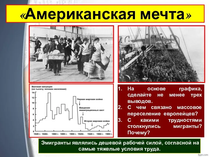 Эмигранты являлись дешевой рабочей силой, согласной на самые тяжелые условия труда. «Американская