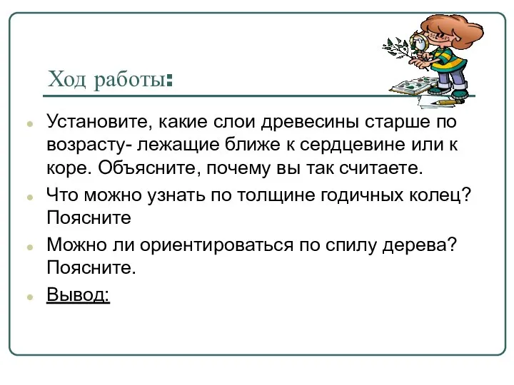 Ход работы: Установите, какие слои древесины старше по возрасту- лежащие ближе к